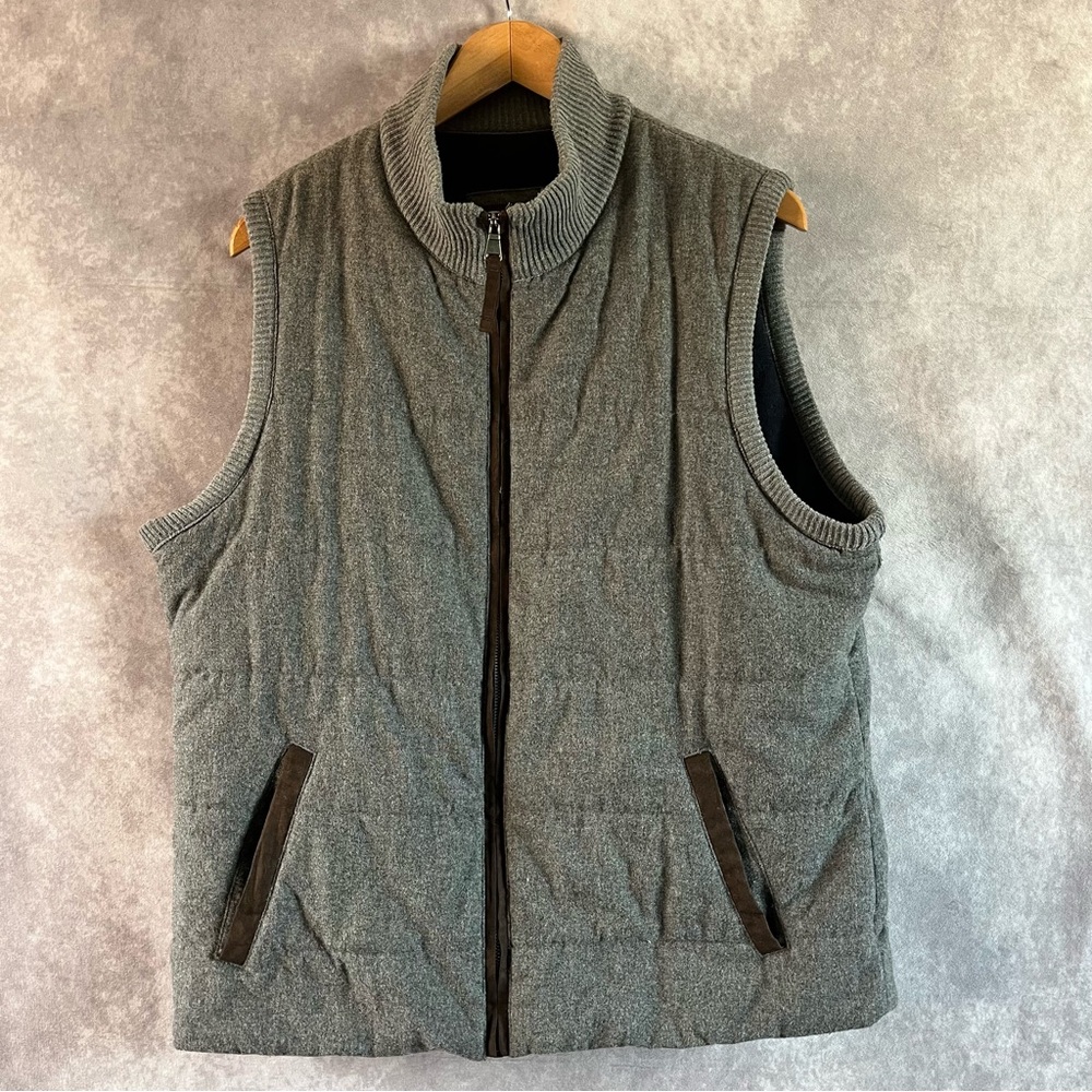 Johnson Murphy Zip Up Vest Men Large Gray Brown Trim Wool Blend Preppy Old Money